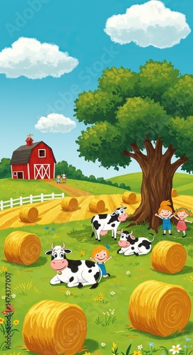 Children enjoying a sunny day on a farm with cows and hay bales