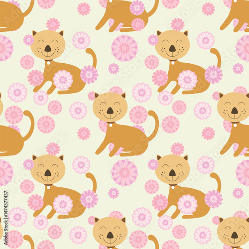 Cat and flower pattern for fabric and background, seamless pattern.