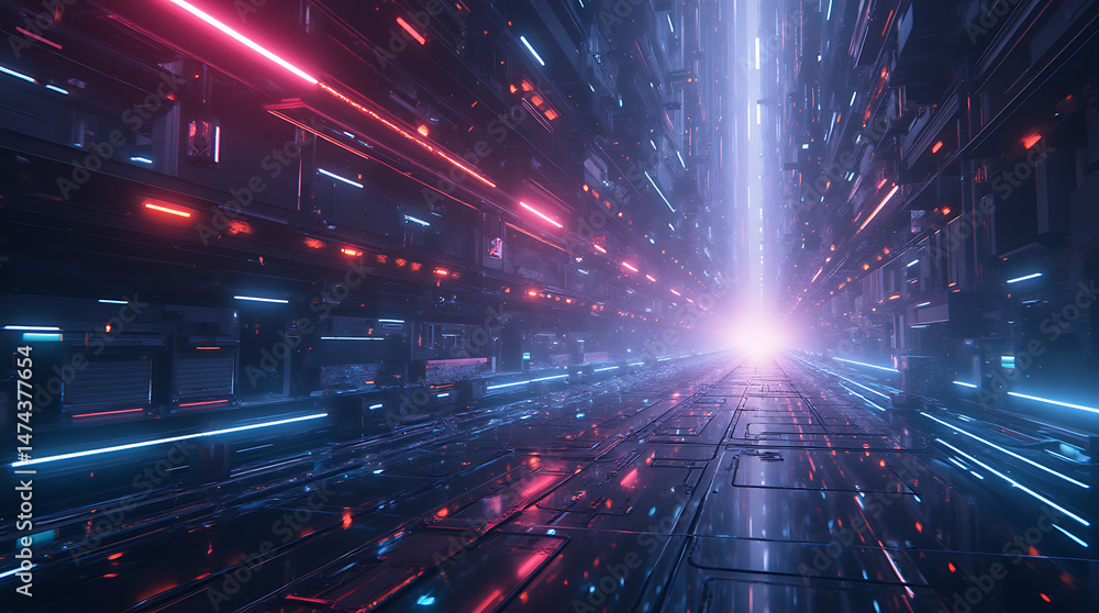 Fototapeta premium Sci-Fi Cityscape with Neon Light Trails – Futuristic Urban Energy