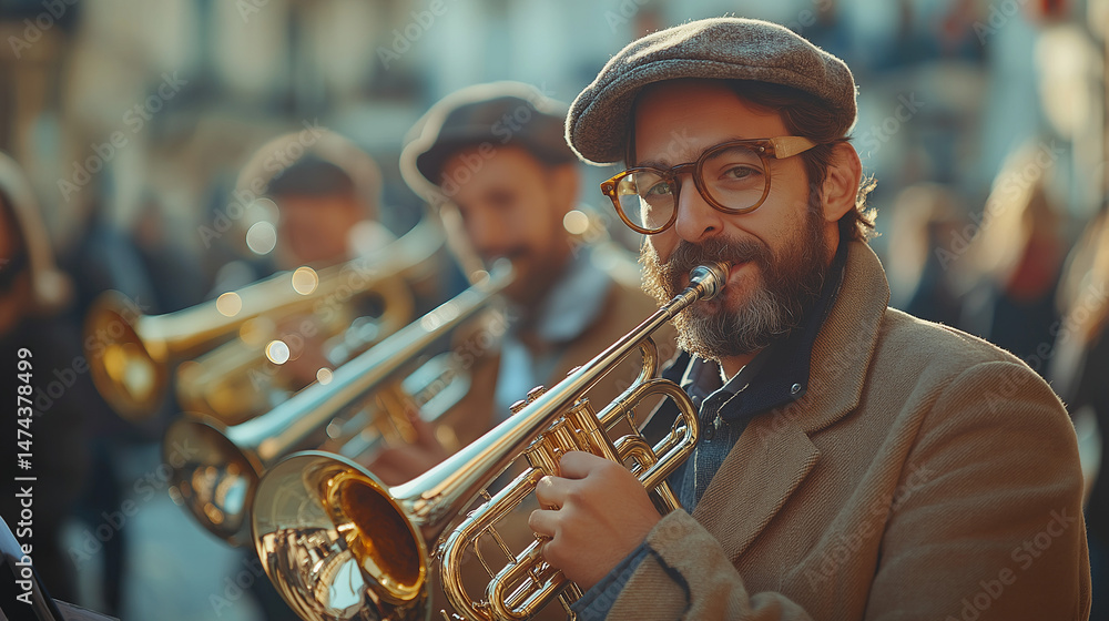 Obraz premium San Fermin Festival Street Brass Band Performance with Musicians in Vintage Style
