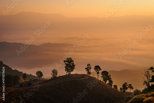 Beautiful scenery of the sea of mist in the morning at the Car Camping site with a viewpoint nature at Doi Ba Lu Kho Mountain in Mae Chaem, Chiang Mai, Thailand. Background concept.