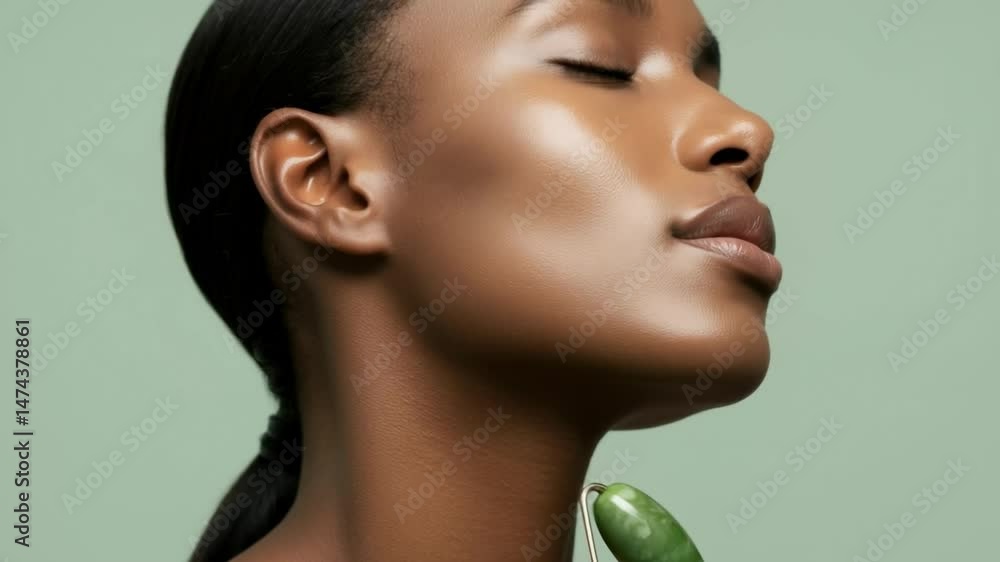 Woman of color with closed eyes using a jade roller to massage her face against a greenish background, demonstrating a skincare ritual, rejuvenating treatment and a beauty tool for wellness and relaxa Woman of color with closed eyes using a jade roller to massage her face against a greenish background, demonstrating a skincare ritual, rejuvenating treatment and a beauty tool for wellness and relaxa