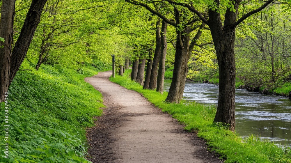 Fototapeta premium Narrow dirt footpath beside a flowing river with lush greenery on both sides