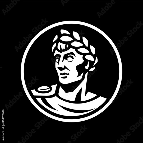Roman commander with a wreath on his head on a dark background.