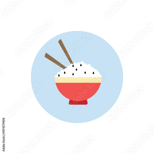 Flat design illustration of a red bowl filled with white rice and black sesame seeds, accompanied by chopsticks, set against a blue circular background for food themes.