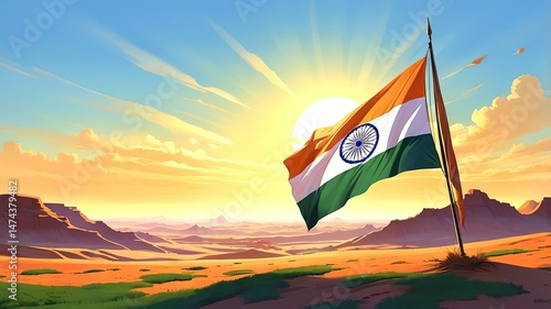 Illustration of High-resolution India national flag sunrise background showing detailed vibrant saffron white green tricolor, and Ashoka Chakra symbol for patriotic and design