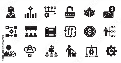 Business company, management flat icon set. Contains symbol of businessman, target, finance, lunchtime, success, hierarchy, data, work, money, employee, task, shop, meeting, job. Vector illustration