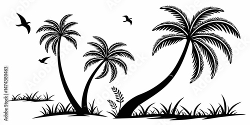 Tropical Palm Tree Silhouette Scene with Flying Birds and Grass – Vector Style PNG