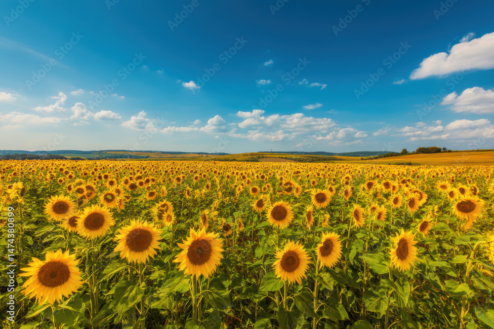Fototapeta premium Vibrant sunflower field under a clear blue sky on a sunny day in rural countryside