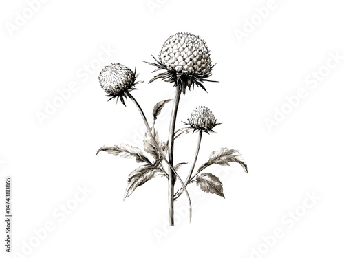 Globe Thistle Bloom Floral Sketch, vintage hand-drawn engraving, botanical illustration, nature print, black and white sketch, retro floral style, flower decor, antique art, trendy nature