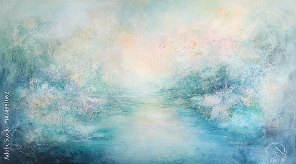 Serene, ethereal landscape painting with soft, pastel colors. Misty, tranquil water and clouds, light, airy, and serene. A sense of calm and tranquility pervades the scene Serene, ethereal landscape painting with soft, pastel colors. Misty, tranquil water and clouds, light, airy, and serene. A sense of calm and tranquility pervades the scene