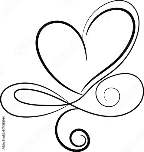 Elegant Black Line Art Heart Design with Swirls and Infinity Symbol