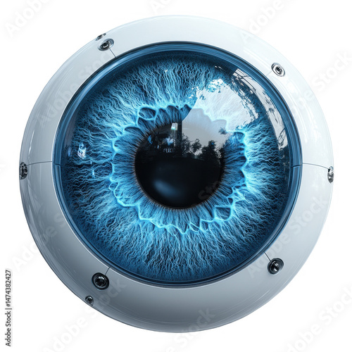 Futuristic eye artificial intelligence concept blue iris detail view on transparent background