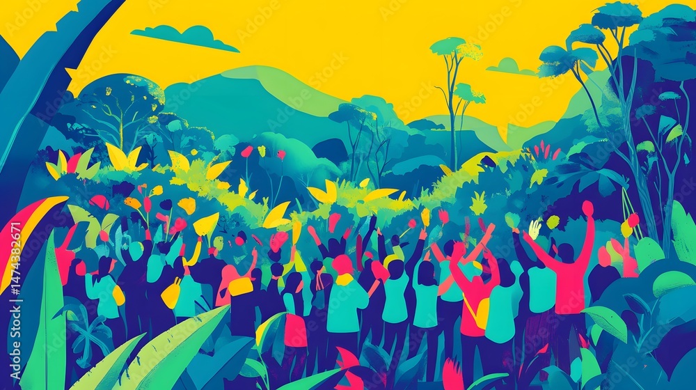 Naklejka premium Vibrant illustration of a joyful crowd amidst lush foliage.