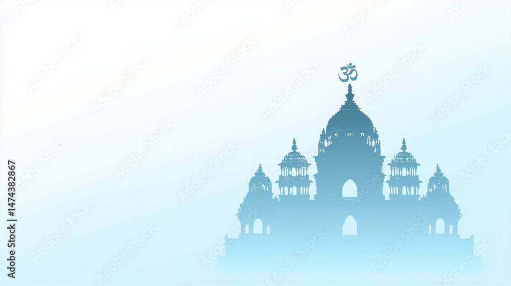 Obraz premium A Soft Gradient Background of Soft Blue to White with a Silhouette of a Hindu Temple on the Right Side and the sacred Om symbol at the top, Empty Space for Text