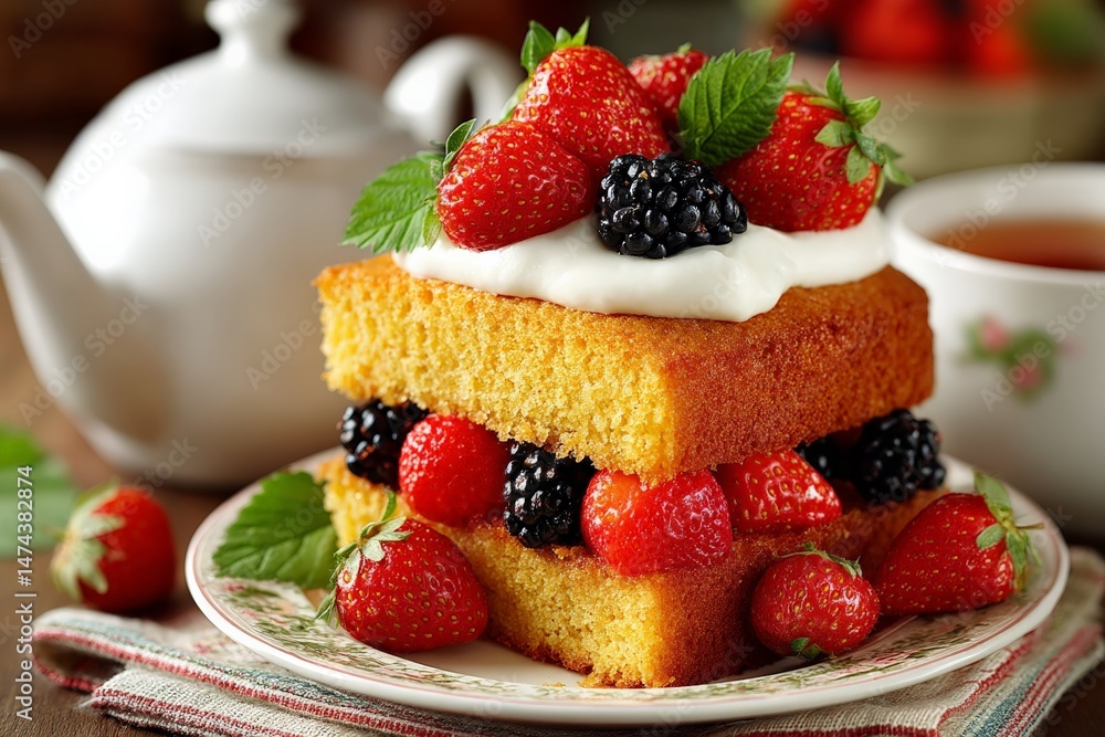 Delicious layered cake topped with fresh berries and cream served with tea Delicious layered cake topped with fresh berries and cream served with tea