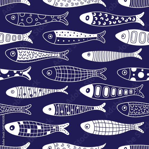 Cute sardine. Kids background. Sardines, salmon, tuna, tilapia. Vector set. Kids illustration.