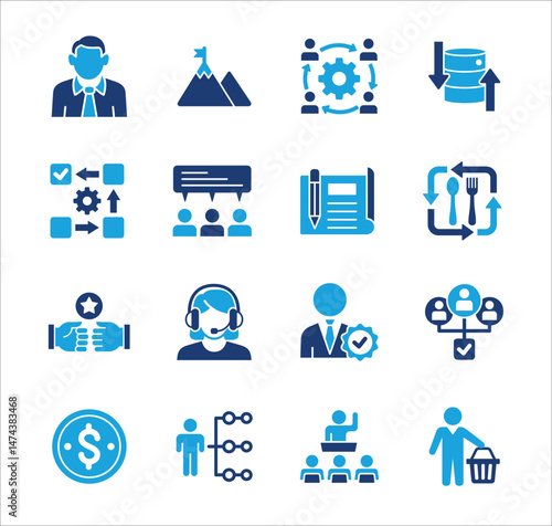 Management business icon set. Contains symbol of strategy, businessman, target, finance, lunchtime, success, hierarchy, data, reward, work, money, employee, shop, meeting, job. Vector illustration