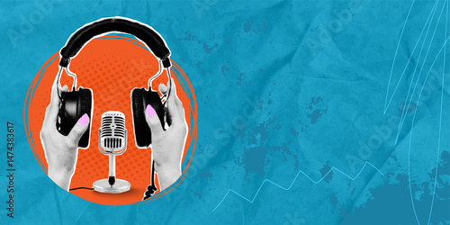 Trendy art collage with modern headphones and retro microphone on blue background. Podcasting and creativity in music concept. Negative space