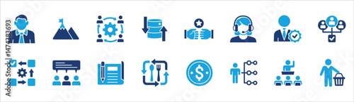Business company management icon set. Contains symbol of businessman, target, finance, lunchtime, success, hierarchy, data, reward, work, money, employee, task, shop, meeting, job. Vector illustration