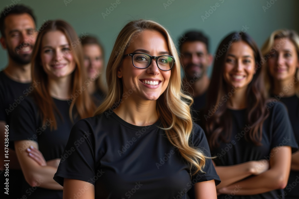 Obraz premium Latinx Group Member: Blonde Woman Wearing Black T-Shirt and Glasses