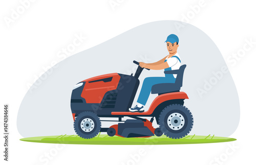 Man driving a lawn tractor. Vector illustration.
