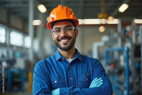 Confident Latinx Factory Worker Wearing Protective Gear in a Production Facility