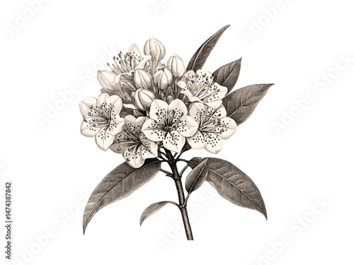 Engraved Mountain Laurel flower illustration, hand-drawn botanical art, vintage decor, trendy floral print, antique black sketch, forest flora, mountain laurel bloom, old engraving style.