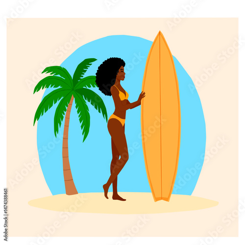 Vector illustration of a woman in a bikini with a surfboard on the beach, next to a palm tree and blue sky, in a summery, tropical setting.