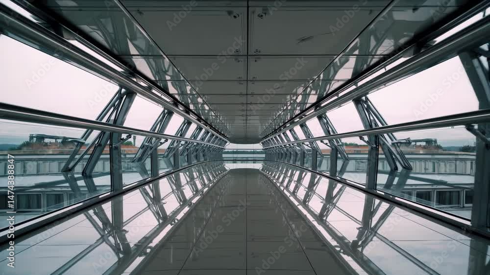 Futuristic video of glass skybridge with reflective surfaces, metallic beams, and symmetrical architecture
Futuristic video of glass skybridge with reflective surfaces, metallic beams, and symmetrical architecture