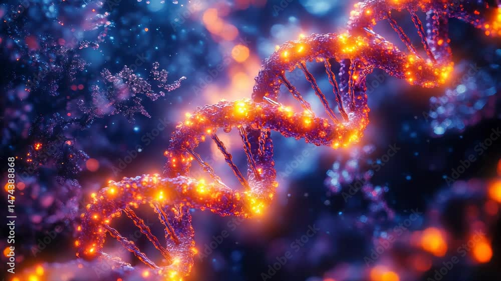 A glowing digital DNA helix floating in a cosmic space environment. A futuristic visualization of genetics and molecular biology A glowing digital DNA helix floating in a cosmic space environment. A futuristic visualization of genetics and molecular biology