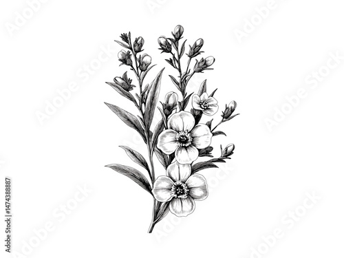 Engraved illustration of Waxflower bloom, hand-drawn vintage botanical print, retro illustration, antique sketch, black sketch, waxflower, flora, trendy decor, old engraving style, nature art