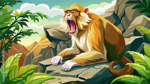 Barbary macaque yawning while resting on rocks in Monkey Forest park in France
