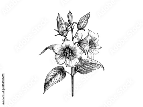 Vintage botanical art, engraved belladonna flower sketch, hand-drawn floral illustration, retro bloom, trendy floral decor, nature sketch, belladonna flower, black retro engraving, floral art