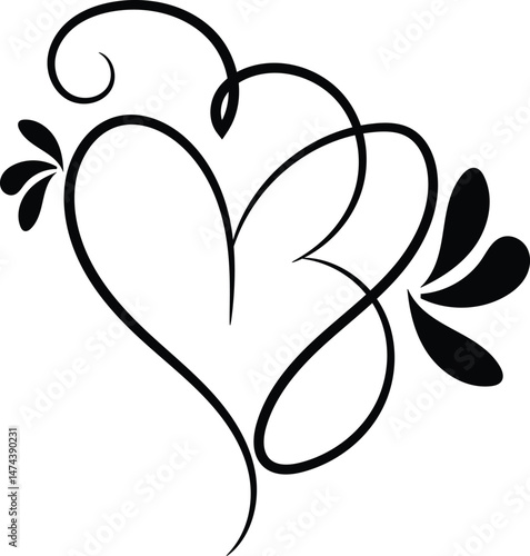 Elegant Black Heart Design with Floral Swirls and Flourishes for Wedding Invitations