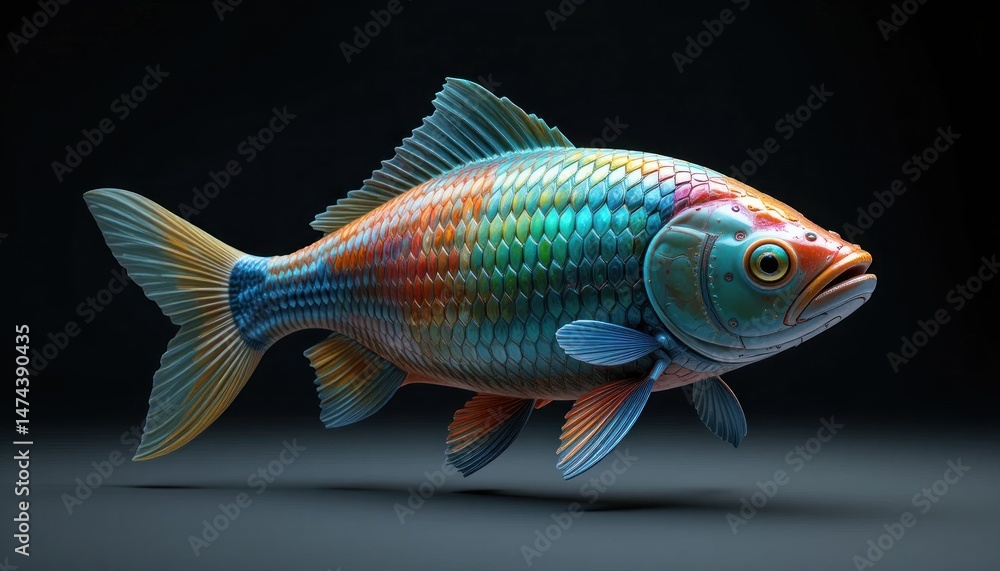 Whimsical Rainbow Fish Robot Isolated on Black Background, Fantasy art