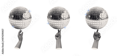 Shiny disco ball and cut out hands halftone effect collage element. Vector illustration for party and celebration theme.