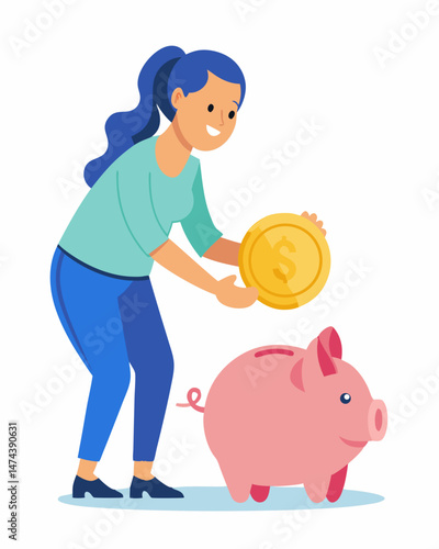 Happy Woman Putting a Gold Coin into a Piggy Bank Savings Illustration