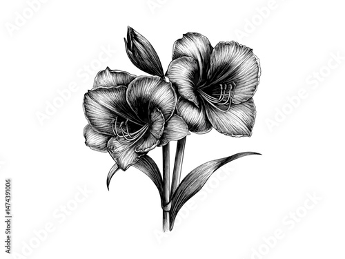 Amaryllis flower decor, botanical hand-drawn sketch, antique vintage illustration, retro flower artwork, trendy bloom engraving, black sketch, nature vintage print, old-fashioned flora decor