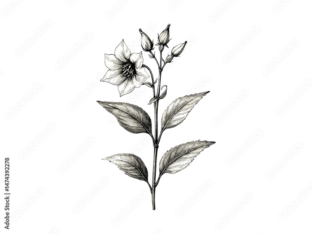Fototapeta premium Old style engraving bellflower sketch, hand-drawn botanical flower illustration, vintage decor motif, antique stem print, retro floral art, classic wildflower etching, black line art