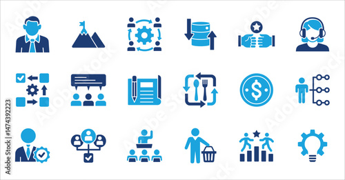 Management and business icon set. Contains symbol of businessman, target, finance, lunchtime, success, hierarchy, data, reward, work, money, employee, task, shop, meeting, job. Vector illustration