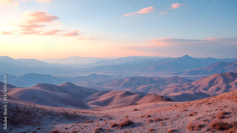Naklejka premium Sunset Panorama: A breathtaking panoramic view showcases rolling hills, a mountainous backdrop, and the soft, warm hues of sunset paints the sky with stunning colors.