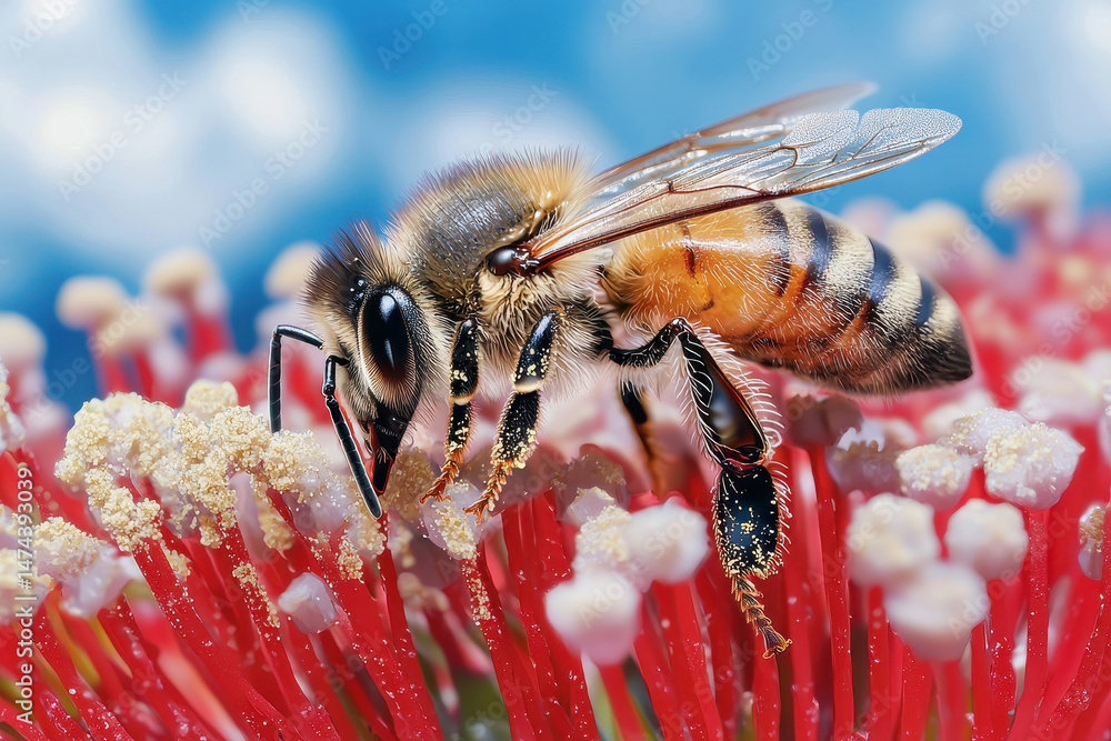 Naklejka premium Close up image of bee collecting pollen from vibrant red flowers, showcasing intricate details of its body and wings