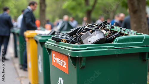Green rubbish containers in the park collect e-waste and trash for environmental clean disposal