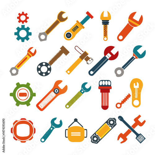 Collection of colorful flat vector mechanic tool illustrations