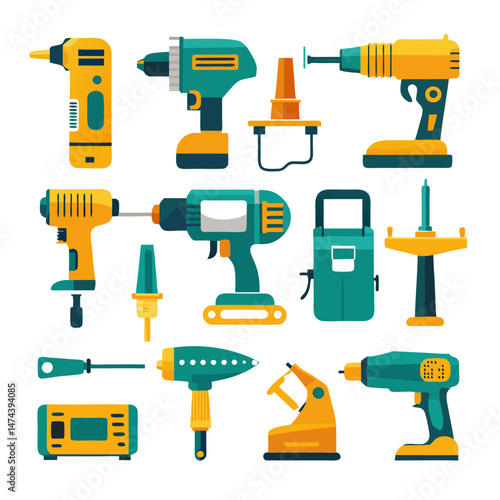 Flat vector set of various power tools and equipment