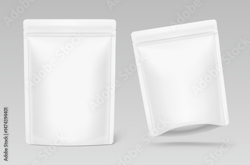 Realistic stand up pouch bag mockup with transparent shadow. Front view. Vector illustration isolated on grey background. Ready for your design. EPS10.