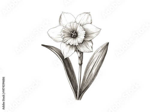 Vintage daffodil flower engraving, hand-drawn sketch, antique botanical print, spring flower, floral decor, trendy flower illustration, nature summer bloom, Black sketch, old engraving art