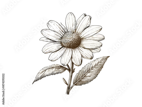 Antique engraving of daisy flower in bloom, vintage botanical illustration, retro floral print, hand-drawn nature decor, spring and summer flower, black sketch, trendy vintage art, home decor