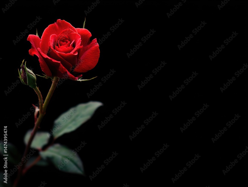 Naklejka premium Elegant red rose blossom against black backdrop close up studio shot romantic gesture floral beauty